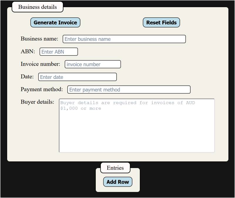Screenshot of Australian tax invoice generator